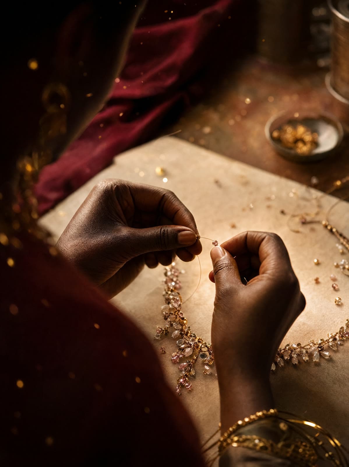 An artisan's hands threading a one-of-one piece